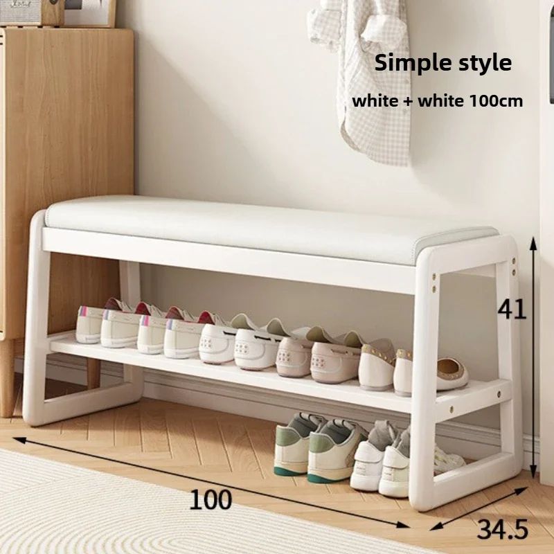 Teng Solid Wood Woven Shoe Bench – Multi-Layer Entryway Shoe Changing Stool with Storage