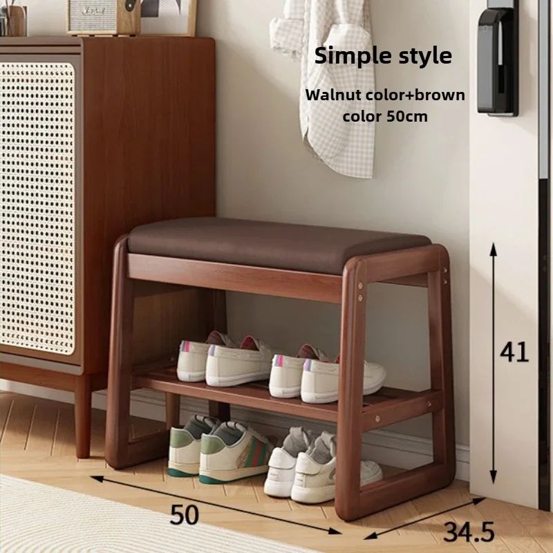 Teng Solid Wood Woven Shoe Bench – Multi-Layer Entryway Shoe Changing Stool with Storage