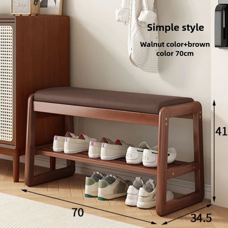 Teng Solid Wood Woven Shoe Bench – Multi-Layer Entryway Shoe Changing Stool with Storage