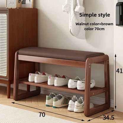 Teng Solid Wood Woven Shoe Bench – Multi-Layer Entryway Shoe Changing Stool with Storage