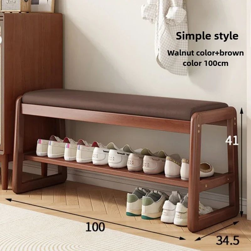 Teng Solid Wood Woven Shoe Bench – Multi-Layer Entryway Shoe Changing Stool with Storage