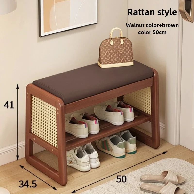 Teng Solid Wood Woven Shoe Bench – Multi-Layer Entryway Shoe Changing Stool with Storage