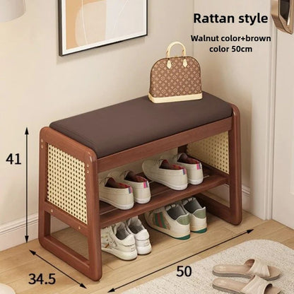 Teng Solid Wood Woven Shoe Bench – Multi-Layer Entryway Shoe Changing Stool with Storage