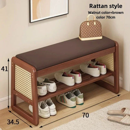 Teng Solid Wood Woven Shoe Bench – Multi-Layer Entryway Shoe Changing Stool with Storage