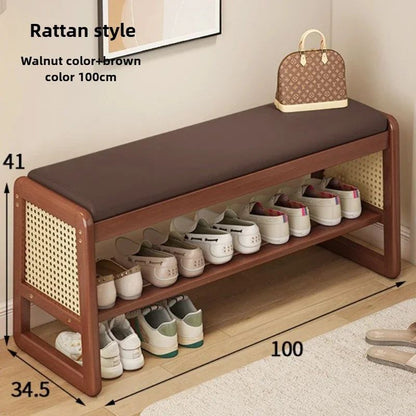 Teng Solid Wood Woven Shoe Bench – Multi-Layer Entryway Shoe Changing Stool with Storage