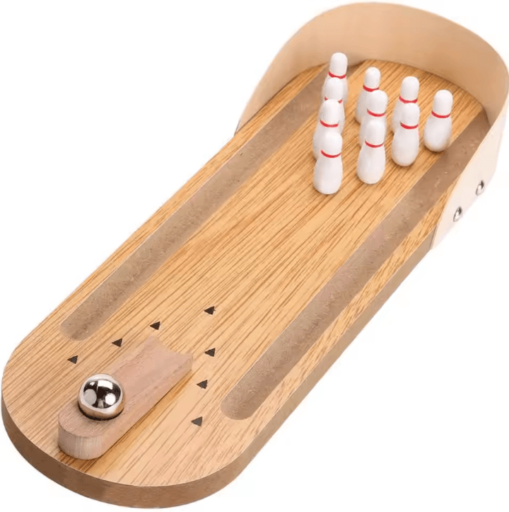 Mini Bowling Game Wooden Tabletop Arcade Finger Stress Relief Toy for Kids and Adults