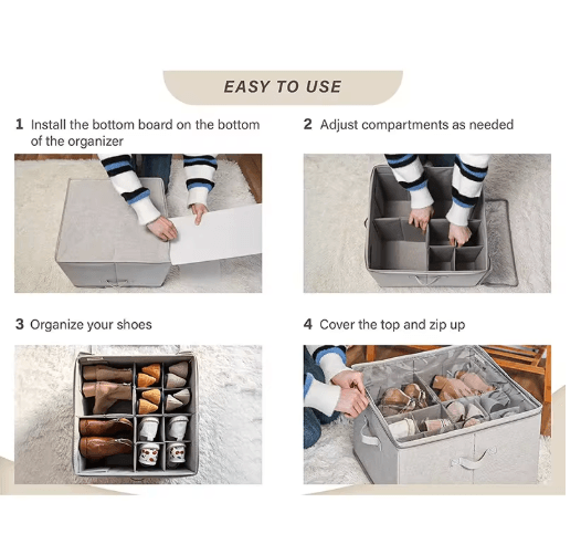 14-Pair Fabric Shoe Organizer with Cover and Adjustable Dividers