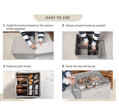 14-Pair Fabric Shoe Organizer with Cover and Adjustable Dividers