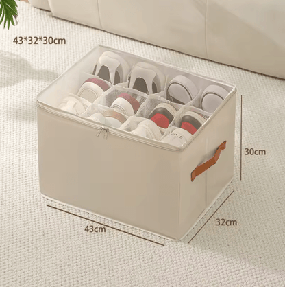 14-Pair Fabric Shoe Organizer with Cover and Adjustable Dividers