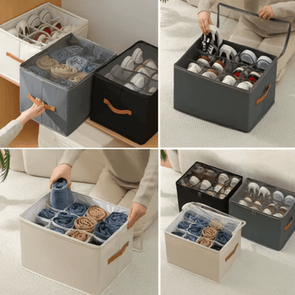 14-Pair Fabric Shoe Organizer with Cover and Adjustable Dividers