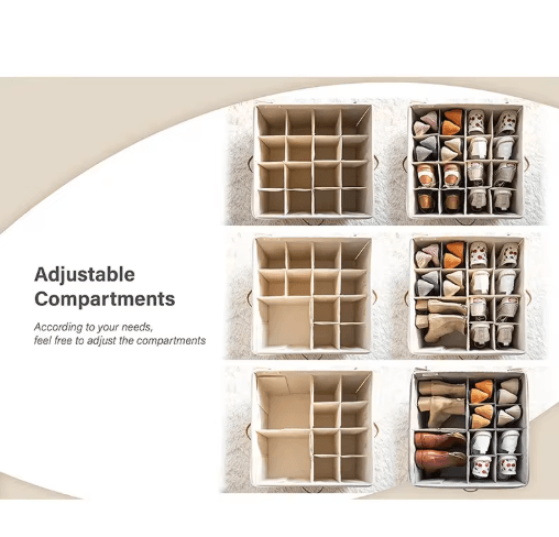 14-Pair Fabric Shoe Organizer with Cover and Adjustable Dividers