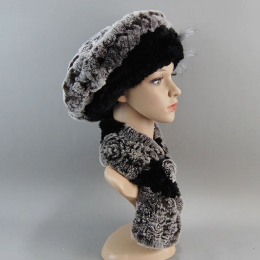 Luxury Genuine Rex Rabbit Fur Hat and Scarf Set