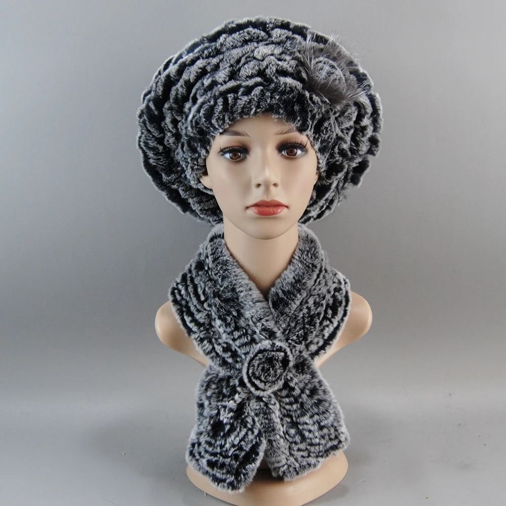 Luxury Genuine Rex Rabbit Fur Hat and Scarf Set