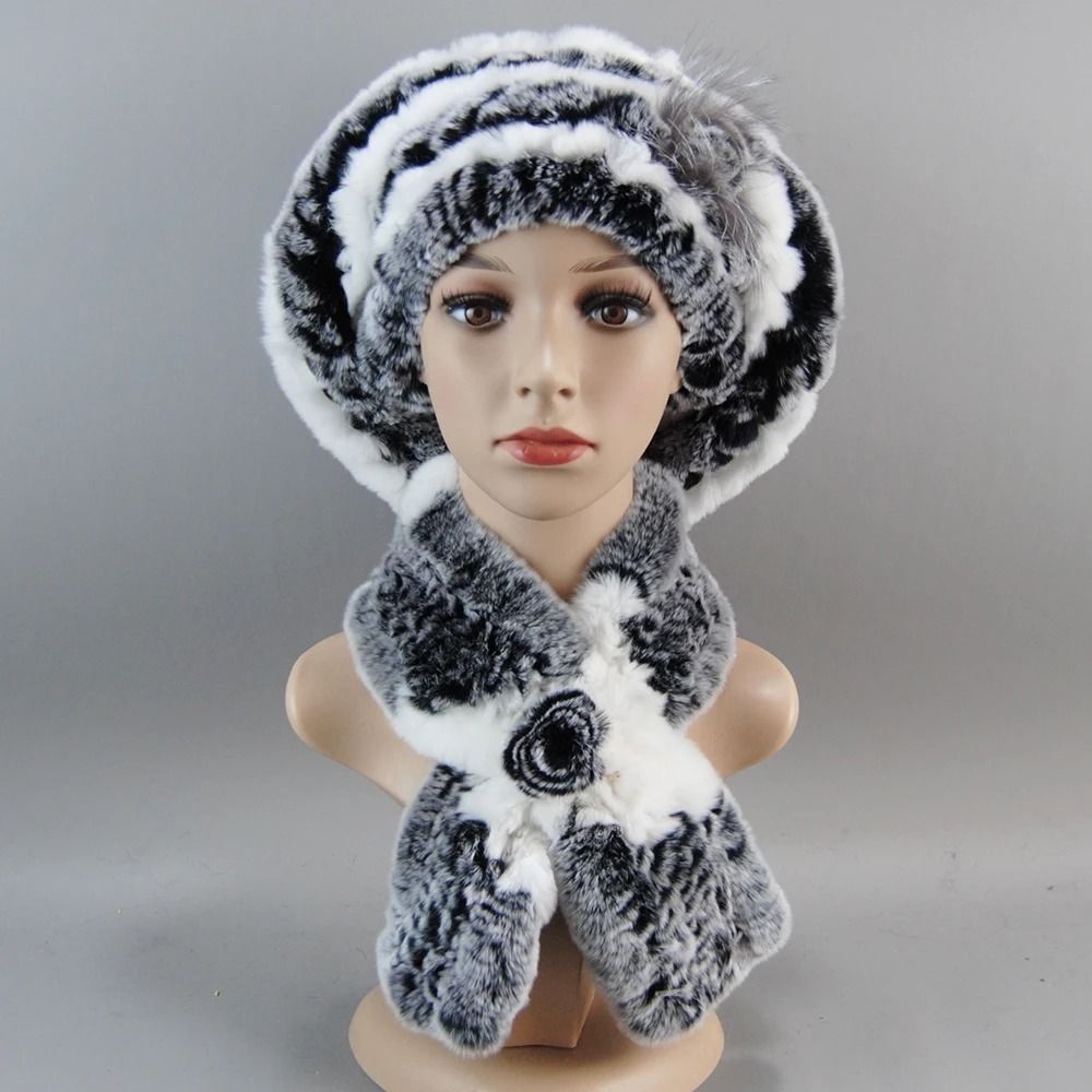 Luxury Genuine Rex Rabbit Fur Hat and Scarf Set