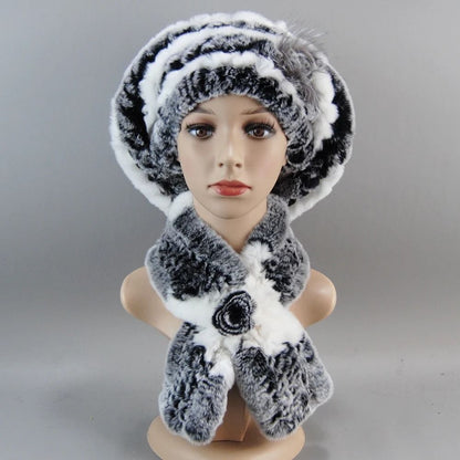Luxury Genuine Rex Rabbit Fur Hat and Scarf Set