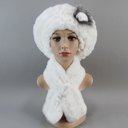 Luxury Genuine Rex Rabbit Fur Hat and Scarf Set