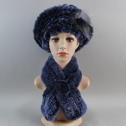 Luxury Genuine Rex Rabbit Fur Hat and Scarf Set