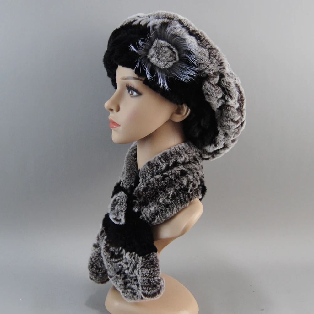 Luxury Genuine Rex Rabbit Fur Hat and Scarf Set