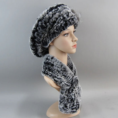 Luxury Genuine Rex Rabbit Fur Hat and Scarf Set