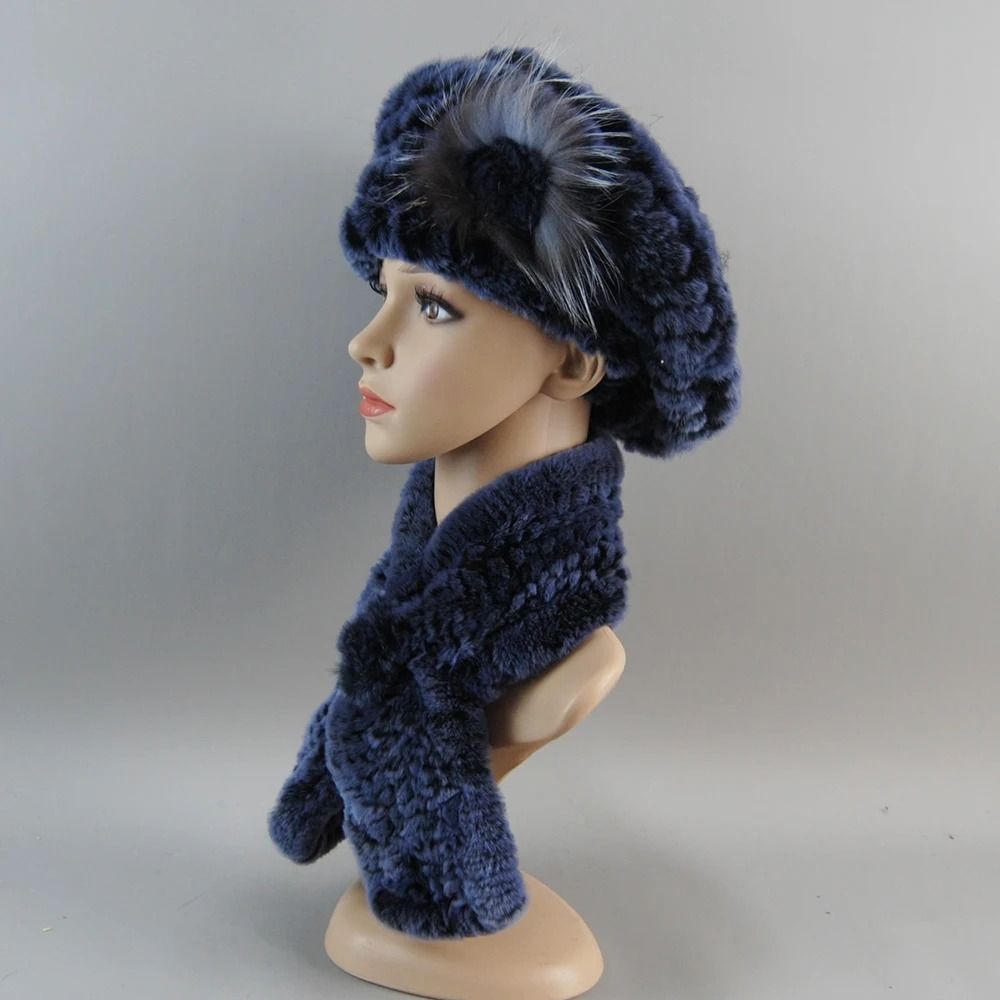 Luxury Genuine Rex Rabbit Fur Hat and Scarf Set