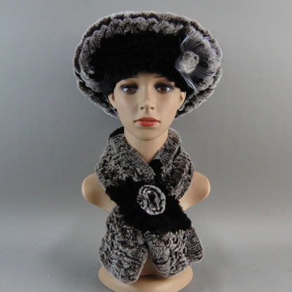 Luxury Genuine Rex Rabbit Fur Hat and Scarf Set