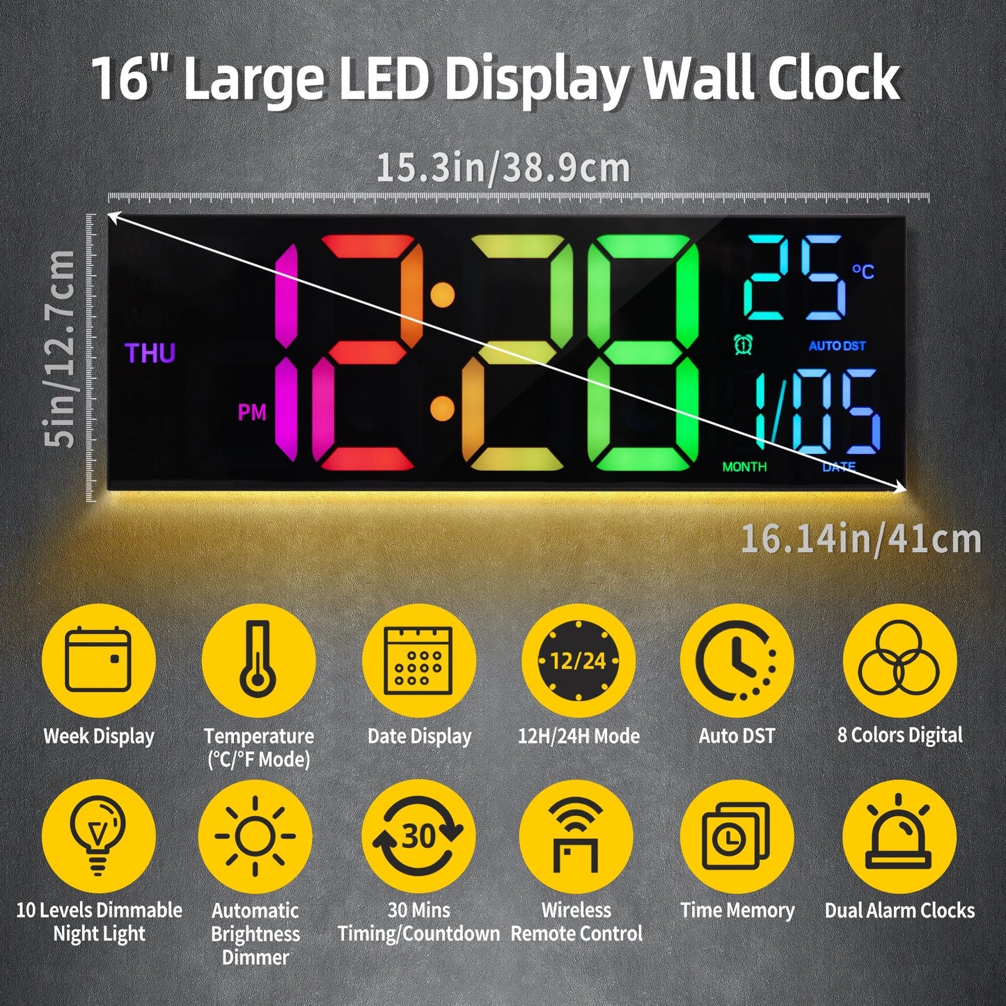 16-Inch Large RGB Digital Wall Clock