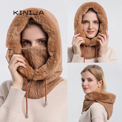 Women's Winter Fur Cap Mask Set Hooded Knitted Cashmere Neck Warm Balaclava Ski Windproof Plush Fluffy Beanie Hood