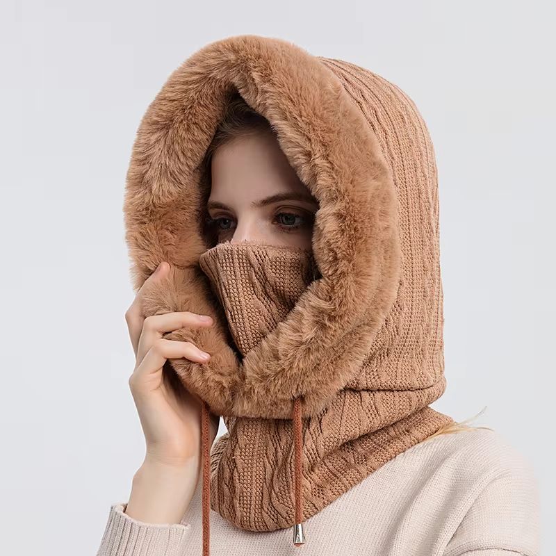 Women's Winter Fur Cap Mask Set Hooded Knitted Cashmere Neck Warm Balaclava Ski Windproof Plush Fluffy Beanie Hood