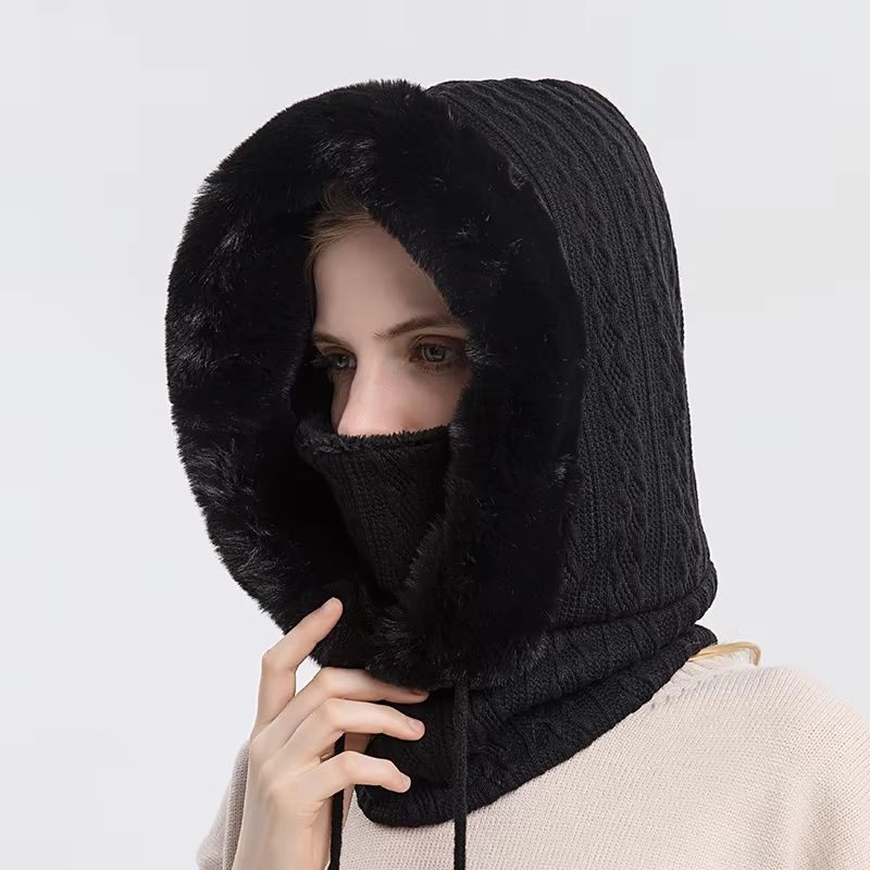 Women's Winter Fur Cap Mask Set Hooded Knitted Cashmere Neck Warm Balaclava Ski Windproof Plush Fluffy Beanie Hood