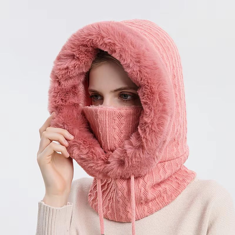 Women's Winter Fur Cap Mask Set Hooded Knitted Cashmere Neck Warm Balaclava Ski Windproof Plush Fluffy Beanie Hood