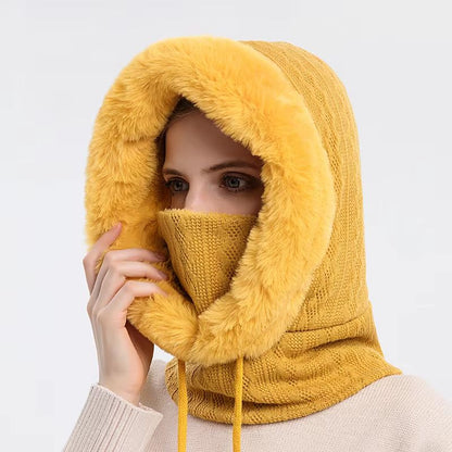 Women's Winter Fur Cap Mask Set Hooded Knitted Cashmere Neck Warm Balaclava Ski Windproof Plush Fluffy Beanie Hood