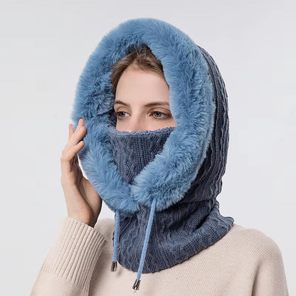 Women's Winter Fur Cap Mask Set Hooded Knitted Cashmere Neck Warm Balaclava Ski Windproof Plush Fluffy Beanie Hood