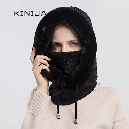 Women's Winter Fur Cap Mask Set Hooded Knitted Cashmere Neck Warm Balaclava Ski Windproof Plush Fluffy Beanie Hood
