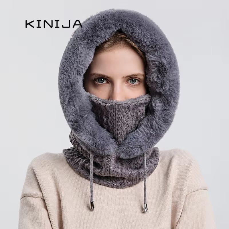 Women's Winter Fur Cap Mask Set Hooded Knitted Cashmere Neck Warm Balaclava Ski Windproof Plush Fluffy Beanie Hood