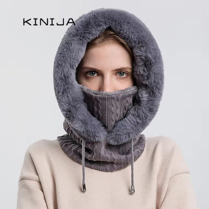 Women's Winter Fur Cap Mask Set Hooded Knitted Cashmere Neck Warm Balaclava Ski Windproof Plush Fluffy Beanie Hood