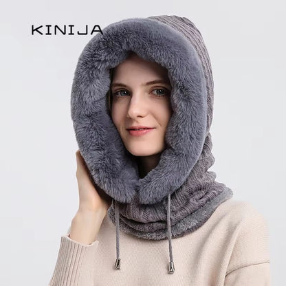 Women's Winter Fur Cap Mask Set Hooded Knitted Cashmere Neck Warm Balaclava Ski Windproof Plush Fluffy Beanie Hood