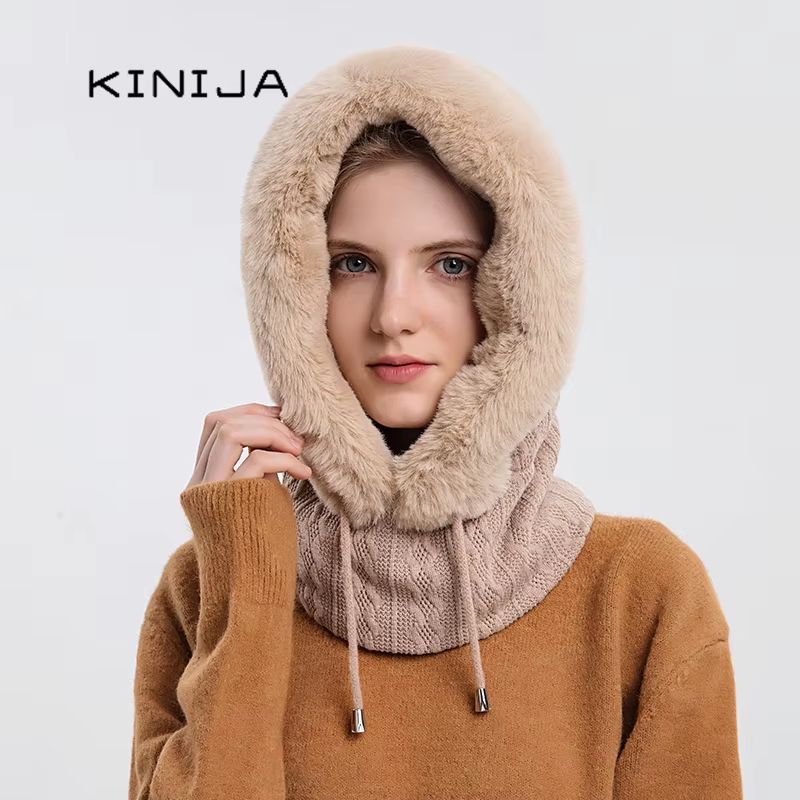 Women's Winter Fur Cap Mask Set Hooded Knitted Cashmere Neck Warm Balaclava Ski Windproof Plush Fluffy Beanie Hood