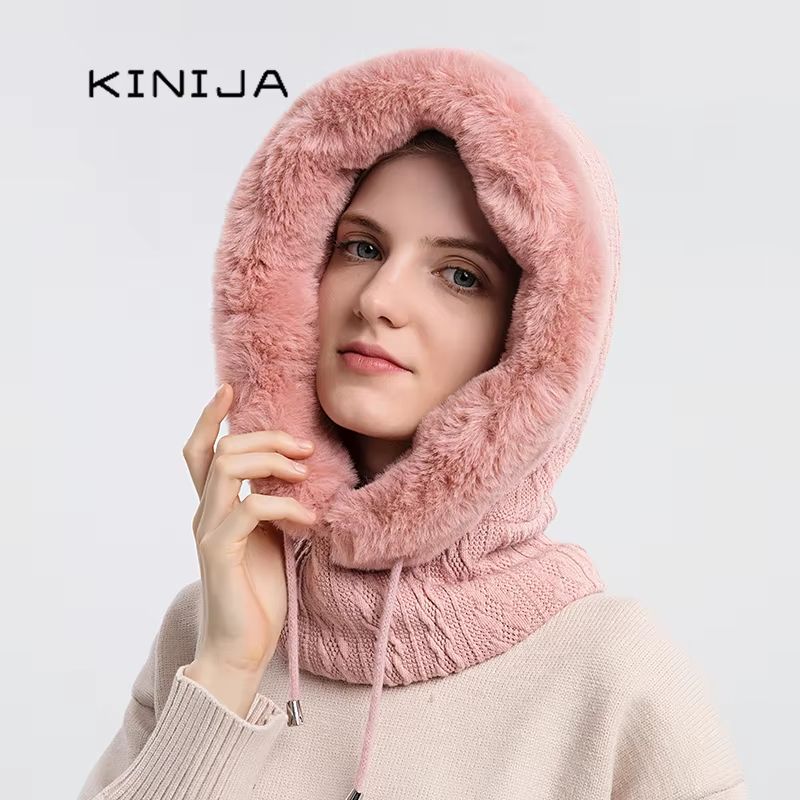Women's Winter Fur Cap Mask Set Hooded Knitted Cashmere Neck Warm Balaclava Ski Windproof Plush Fluffy Beanie Hood