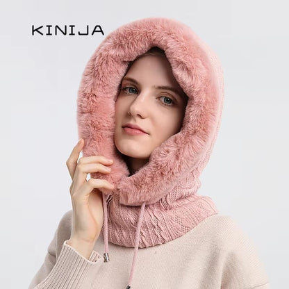 Women's Winter Fur Cap Mask Set Hooded Knitted Cashmere Neck Warm Balaclava Ski Windproof Plush Fluffy Beanie Hood