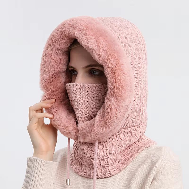 Women's Winter Fur Cap Mask Set Hooded Knitted Cashmere Neck Warm Balaclava Ski Windproof Plush Fluffy Beanie Hood