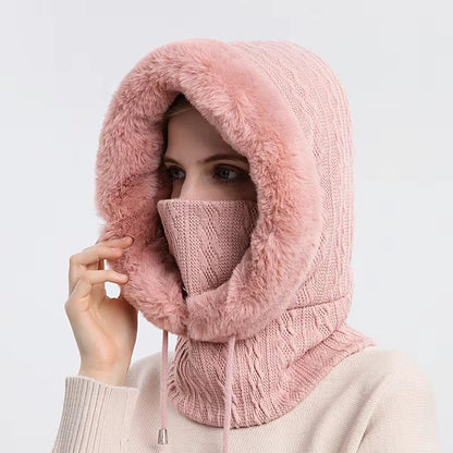 Women's Winter Fur Cap Mask Set Hooded Knitted Cashmere Neck Warm Balaclava Ski Windproof Plush Fluffy Beanie Hood