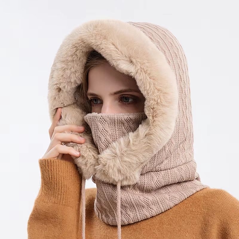 Women's Winter Fur Cap Mask Set Hooded Knitted Cashmere Neck Warm Balaclava Ski Windproof Plush Fluffy Beanie Hood