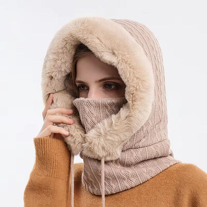 Women's Winter Fur Cap Mask Set Hooded Knitted Cashmere Neck Warm Balaclava Ski Windproof Plush Fluffy Beanie Hood