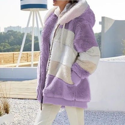 Women's Oversized Plush Hooded Zip Jacket with Pockets, Cozy Winter Streetwear Coat