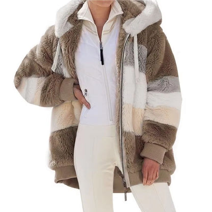 Women's Oversized Plush Hooded Zip Jacket with Pockets, Cozy Winter Streetwear Coat