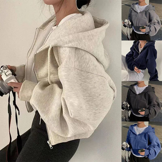 Women's Fleece-Lined Cropped Zip-Up Hoodie – Slim Fit Warm Hooded Sweatshirt