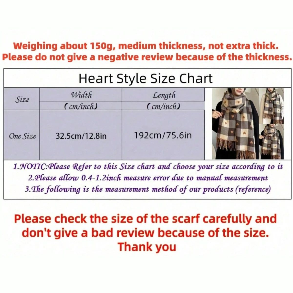 Women's Heart Pattern Plaid Blanket Scarf – Thick Winter Shawl Wrap
