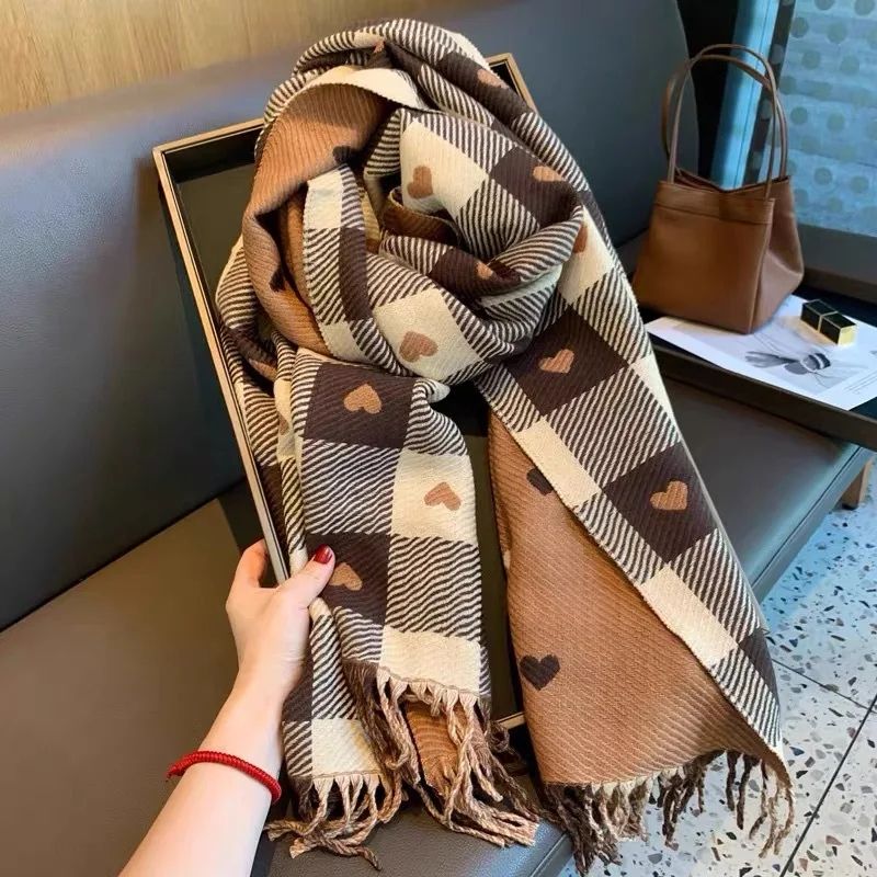 Women's Heart Pattern Plaid Blanket Scarf – Thick Winter Shawl Wrap