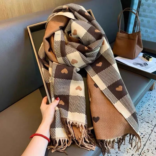 Women's Heart Pattern Plaid Blanket Scarf – Thick Winter Shawl Wrap