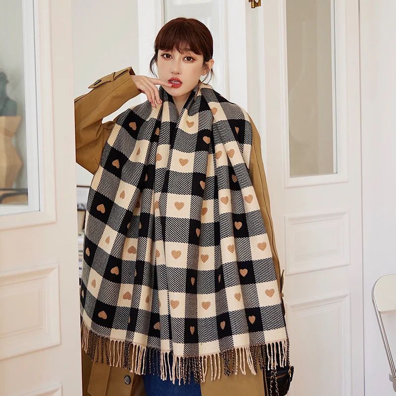 Women's Heart Pattern Plaid Blanket Scarf – Thick Winter Shawl Wrap